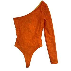 Mistress Rocks Bodysuit Womens S Orange Mesh‎ One Shoulder Long Sleeve NWT